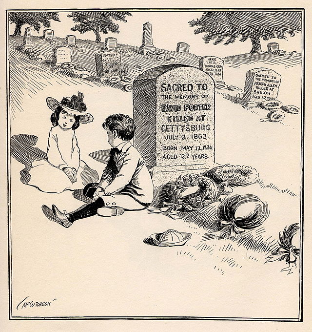 "On Decoration Day" Political cartoon c 1900. Caption: "You bet I'm goin' to be a soldier, too, like my Uncle David, when I grow up." Source: wikimedia commons