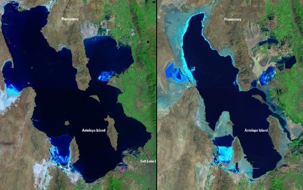 ramatic change in the area of the Great Salt Lake over the past 25 years. Left: August 1985. Right: September 2010. The lake was filled to near capacity in 1985 because feeder streams were charged with snowmelt and heavy rainfall. In contrast, the 2010 image shows the lake shriveled by drought. // Credit : USGS Landsat Missions Gallery