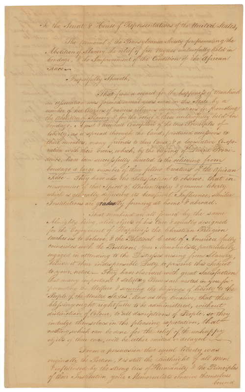 Front side of Petition from the Pennsylvania Society for the Abolition of Slavery, signed by Benjamin Franklin, President of the Pennsylvania Society, February 3, 1790, Records of the United States Senate, Center for Legislative Archives.