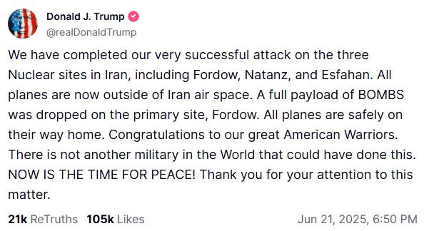 Trump Truth social post on Iran.