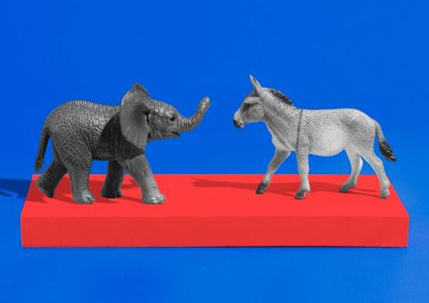 An elephant and donkey facing each other on a red bar. 