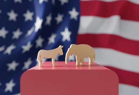 Symbols of both political parties standing in the middle with an American flag backdrop.